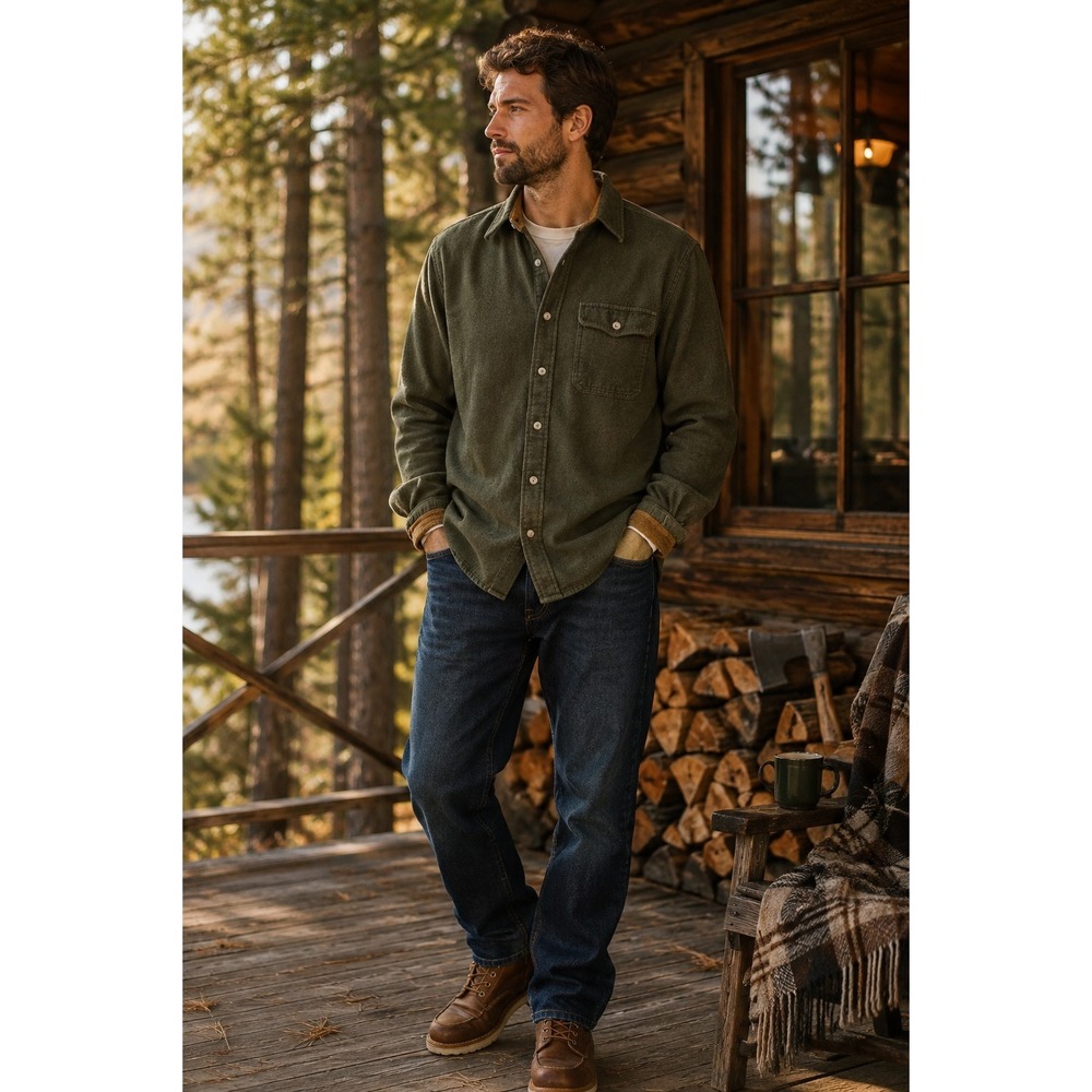 CQR Men's XL Olive Green 100% Cotton Flannel Shirt Corduroy Trim Workwear